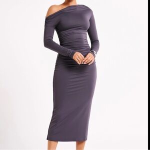 Meshki Charcoal Long Sleeve Rouched Midi Dress
